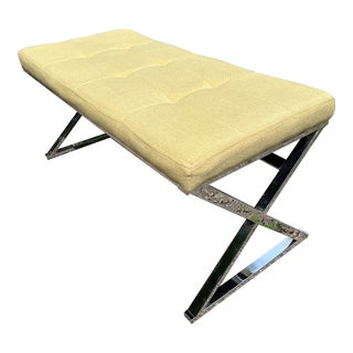 Milo Baughman Style Chrome Bench W/X Legs & Lime Green Upholstery For Sale