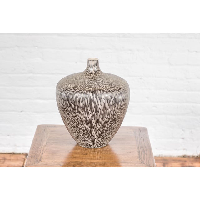 Artisan Handmade Brown Glazed Ceramic Vase with Textured Cream Stokes For Sale - Image 4 of 12
