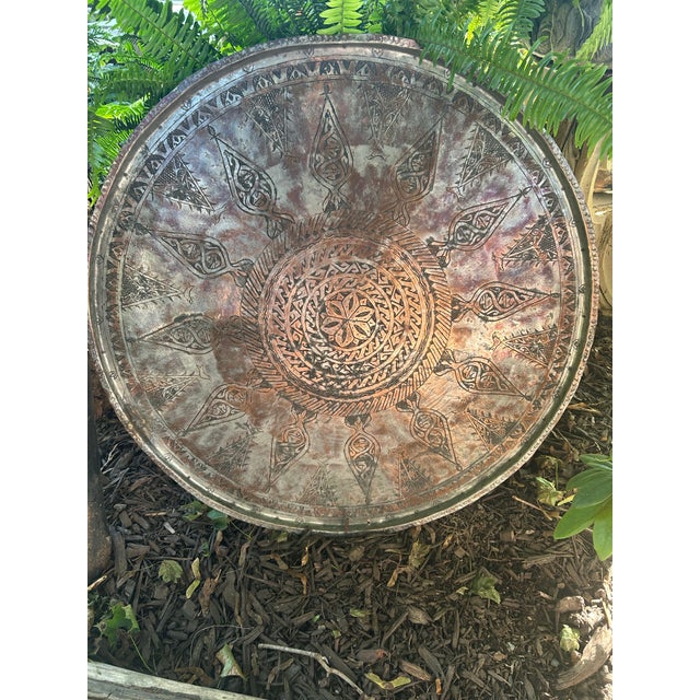 Oversized 33" Antique Middle Eastern Heavy Tinned Copper Table Tray Top - 12lbs For Sale - Image 6 of 12