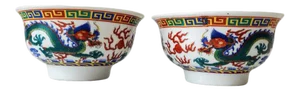 Chinese Glazed Porcelain Dragon Wucai Bead Bowls - a Pair