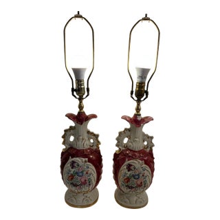 Vintage French Hand Painted Floral Table Lamps - A Pair For Sale