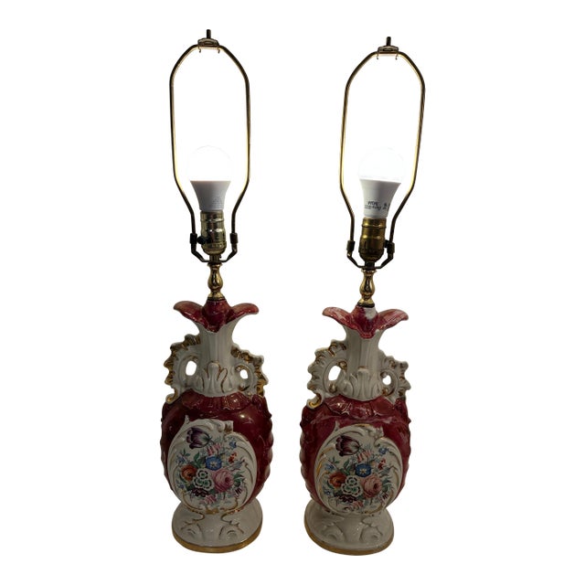 Vintage French Hand Painted Floral Table Lamps - A Pair For Sale