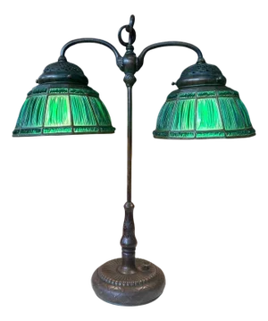 Early 20th Century Green Linenfold Double Student Table Lamp Tiffany Studio