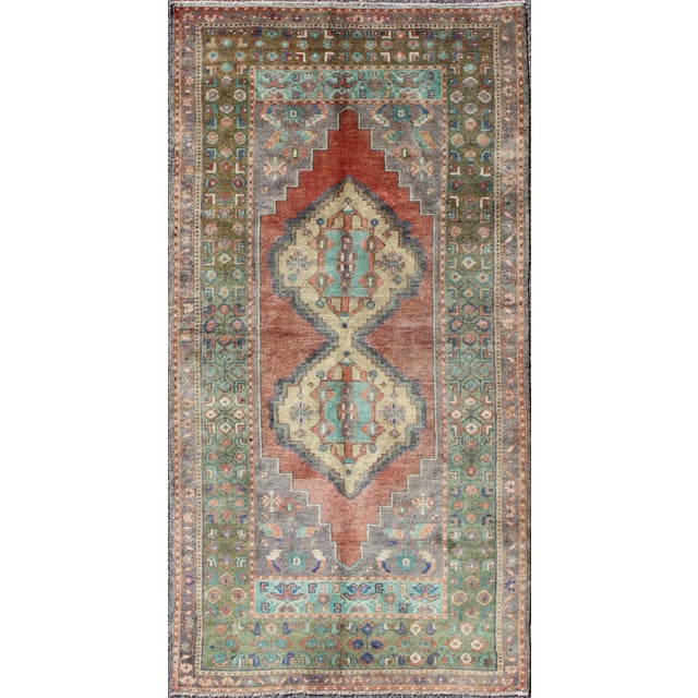 Green Mid 20th Century Green and Orange Turkish Oushak Rug Vintage Dual Diamond Medallions For Sale - Image 8 of 8