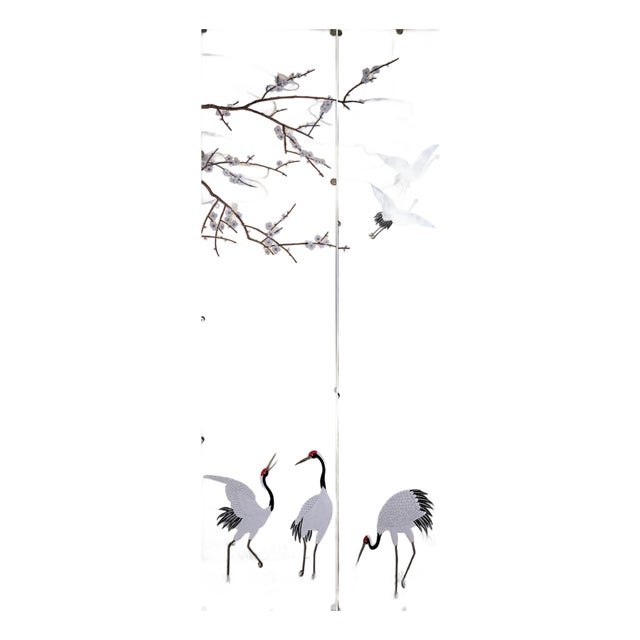 Hand‑Painted Gold Leaf Chinoiserie Mural Panels, Red‑Crowned Crane & Plum Blossom, Set of 2 For Sale