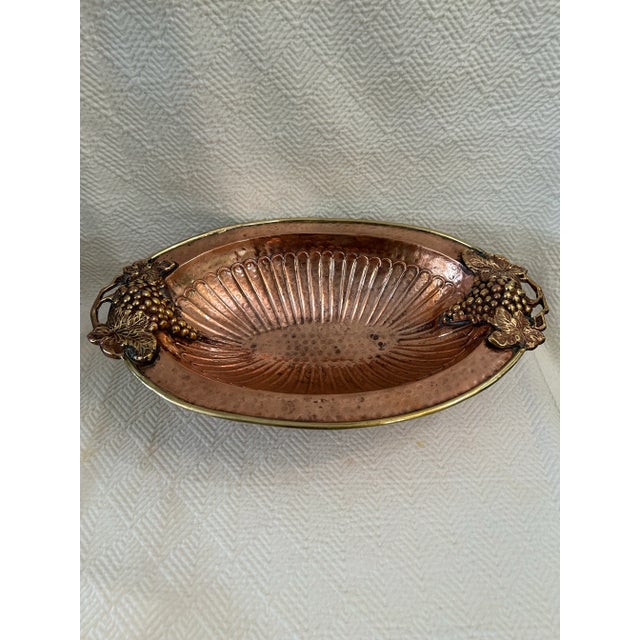 Rustic European Vintage Hammered Copper and Brass Oval Pedestal Bowl With Grapes Handles For Sale - Image 3 of 10