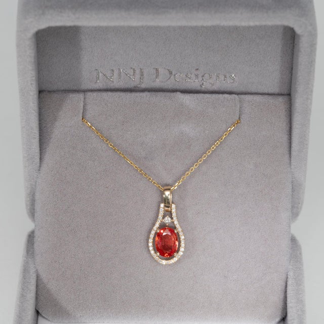 Contemporary Natural Padparadscha Sapphire Pendant With Earth-Mined Diamonds: Solid 14k Gold For Sale - Image 3 of 7