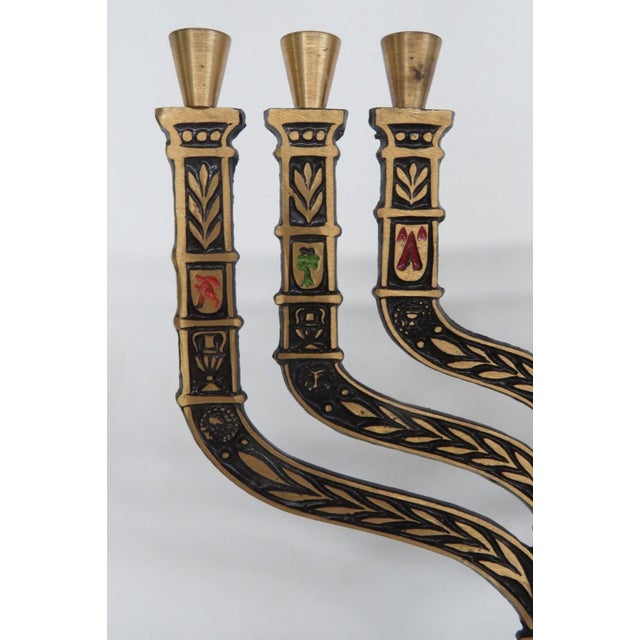 Jerusalem Seven Branch Brass Menorah Enamel Shields 12 Tribes of Israel 4504b For Sale - Image 13 of 14