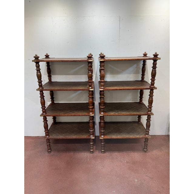 Pair of Four-Tier Anglo-Indian Leather, Brass & Rattan Étagères/ Shelves For Sale - Image 9 of 12