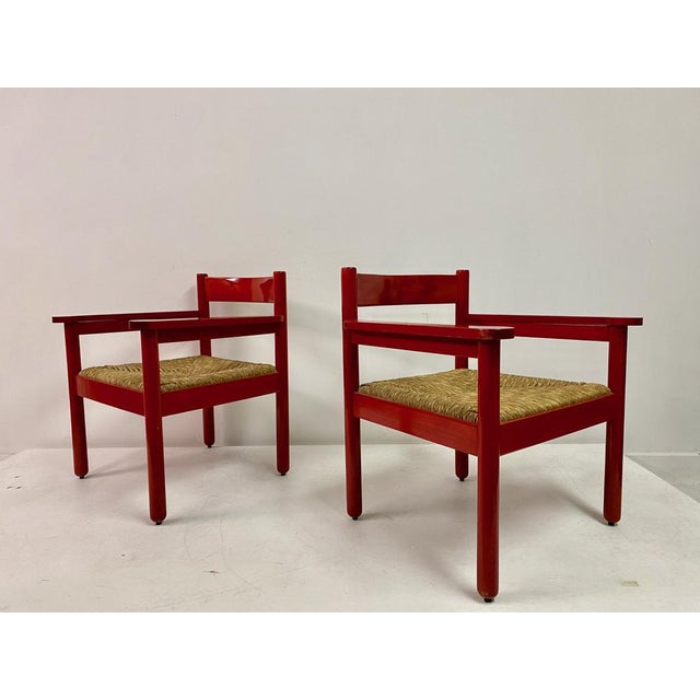 1960s Set of Italian Red Armchairs with Rush Seats, 1960s For Sale - Image 5 of 17
