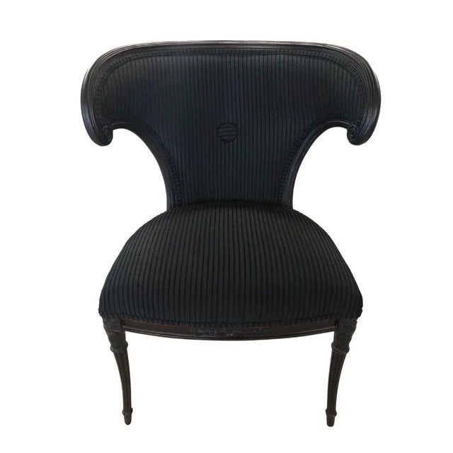 Architecturally stunning chairs. Completely refinished and reupholstered in a tone on tone black velvet. 70 years later,...