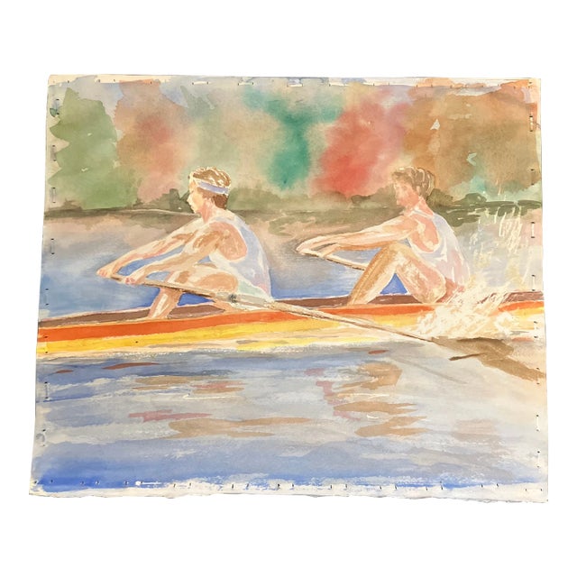1980s Original Vintage Double Sided Rustic Watercolor Painting Rowing Men and Cozy Cabin For Sale