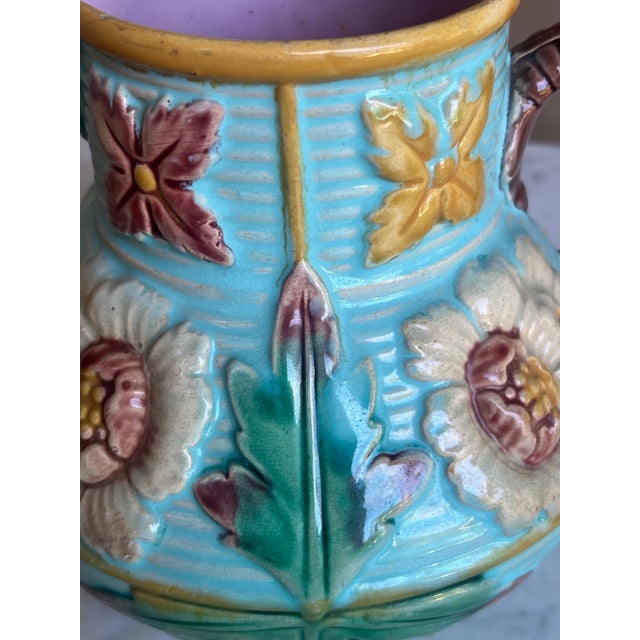 Turquoise Victorian Era Majolica Pitcher, England, C. 1880's For Sale - Image 8 of 13