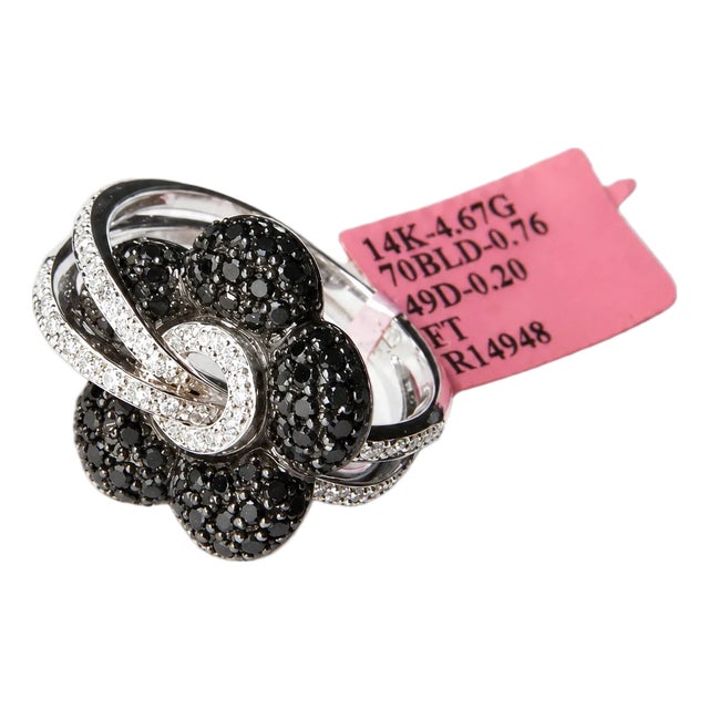 14K White Gold Estate Black & White Diamond Flower Floral Thru Ring For Sale