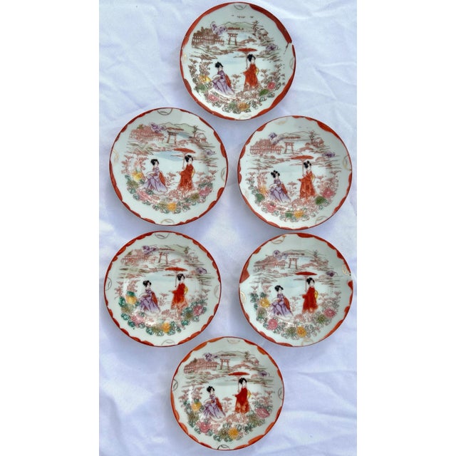 Ceramic 1920’s Antique Japanese Chinoiserie Hand Painted Traditional Geisha Girl & Pagoda Plates & Small Bowls - A 21 Piece Set For Sale - Image 7 of 10
