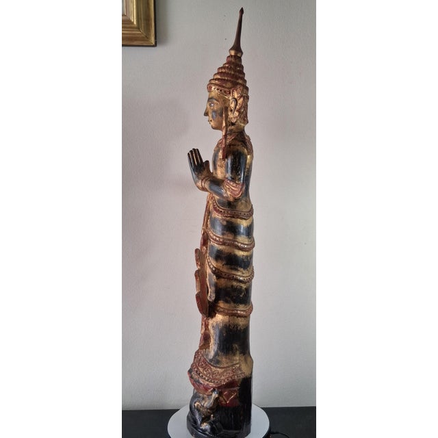 Large Antique Burmese Carved Gilt Wood Theppanom Guardian Statue 47” Tall For Sale - Image 6 of 9