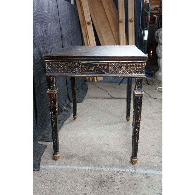 Vintage Chinoiserie Black Lacquered Floral Bird Writing Desk Library Table 35" For Sale - Image 12 of 18