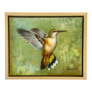 Rufous Hummingbird in Flight, Original Oil on Canvas by L. Ricard (Framed) For Sale
