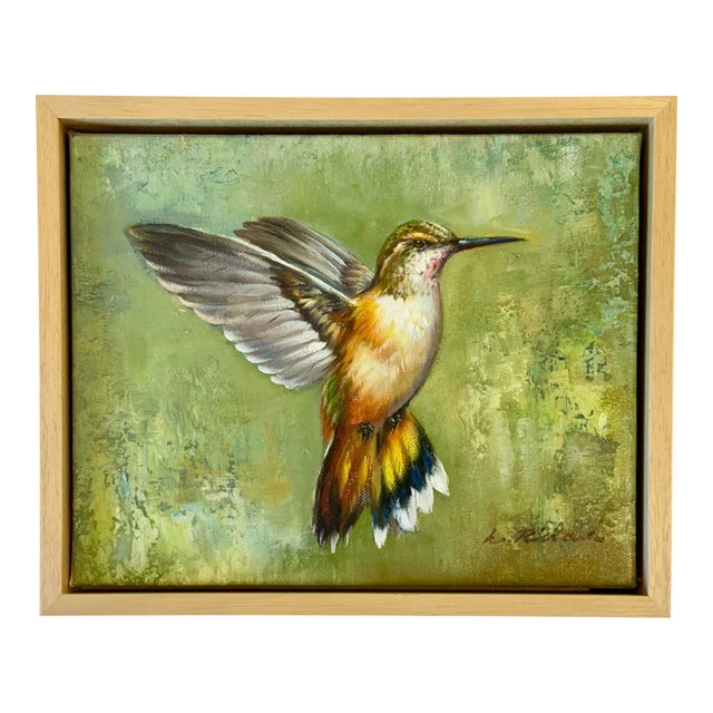 Rufous Hummingbird in Flight, Original Oil on Canvas by L. Ricard (Framed) For Sale