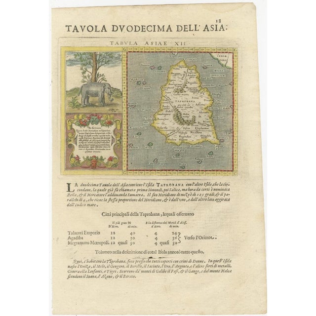 Title: 1620 ptolemy and magini map of taprobana (sumatra) with elephant inset, italian edition : this rare and beautifully...