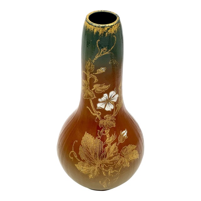 Antique Sarreuguemines French Art Nouveau Pottery Vase - Hand Painted Gold Gild Floral Design For Sale