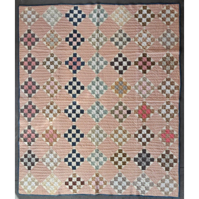 Early 20th C Hand-Quilted Variation of a Nine Patch Cotton Quilt. - For Sale - Image 6 of 11