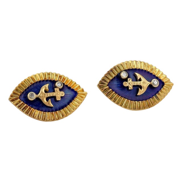 Vintage Diamond Enamel 18k YGold Marquise Anchor Large Cufflinks, 2 pieces For Sale