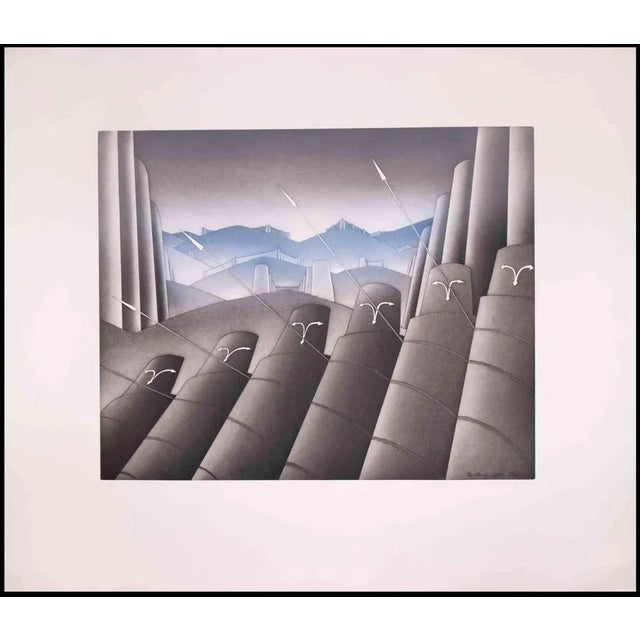 Jean Michel Folon, Urban Landscape, Etching, 1978, Framed For Sale