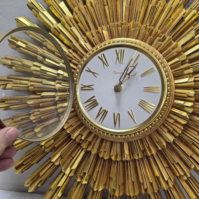 Gold Circa 1969 Syroco Sculptural Gold Starburst Wall Clock For Sale - Image 8 of 10