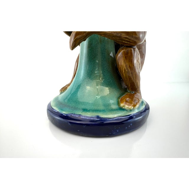 Vintage Majolica Style Monkey Vase With Fluted Lily Form Rim For Sale - Image 4 of 10