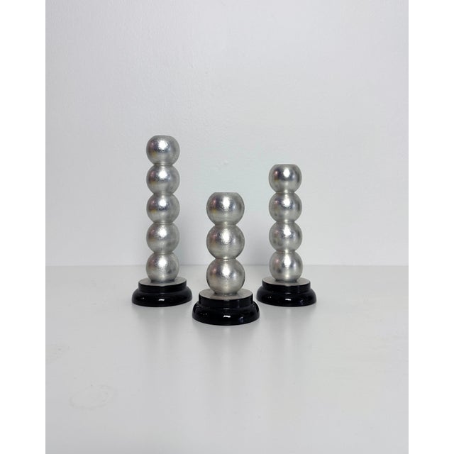 1990s Postmodern Silver Leaf and Lacquered Stacked Sphere Candle Holders - S/3 For Sale - Image 5 of 9