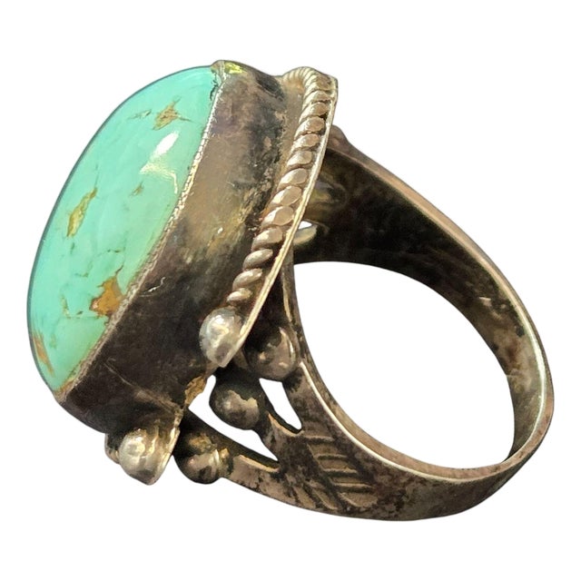 Vintage Signed Sterling Royston Turquoise Navajo Twisted Rope Bezel Ring Size 8.25 For Sale