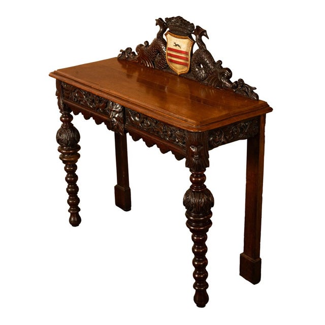 Mid 19th Century Antique Carved Oak Hall Table Skipworth Family Painted Royal Coat of Arms 1860 For Sale - Image 5 of 18