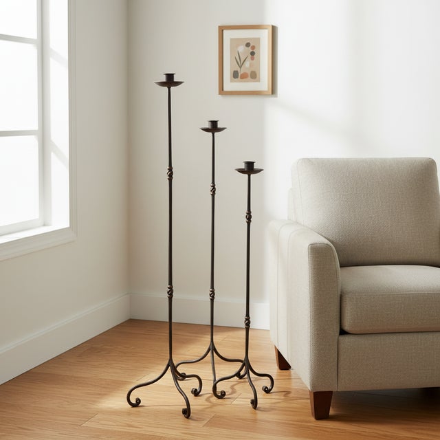 French Hand Forged Iron Candelabra Set of 3 (92-112cm) Antique Copper Finish Slender Stem with French Scroll Base For Sale - Image 3 of 7