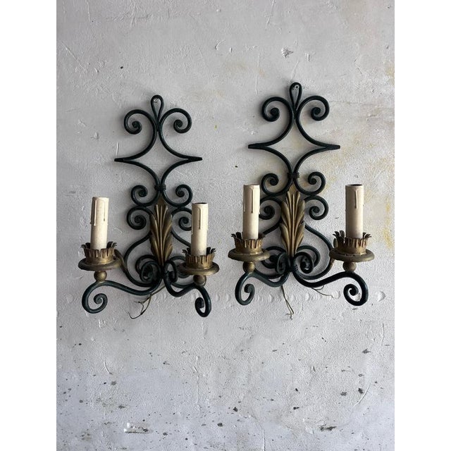 Wrought Iron Wall Sconces with Gilt Leaf Motifs, Set of 2 For Sale - Image 3 of 8