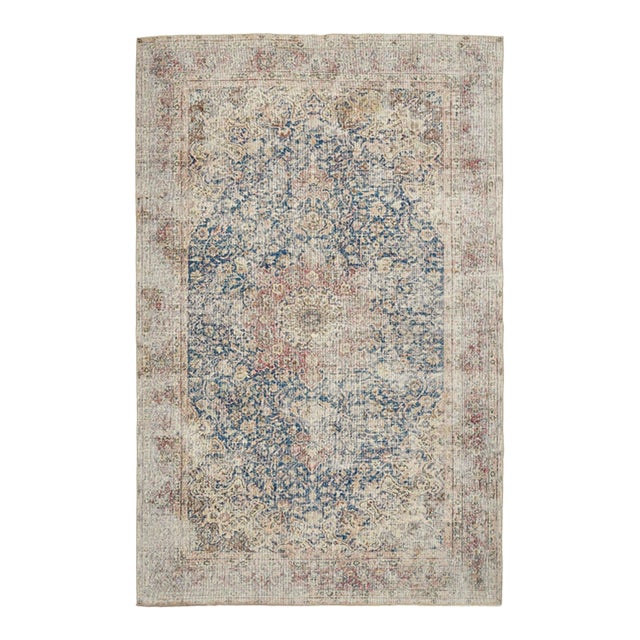 1970s Vintage Turkish Oushak Handmade Wool Cotton Blue Area Rug For Sale