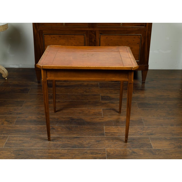French 19th Century Walnut Side Table with Gilt Embossed Leather Top and Drawer For Sale - Image 12 of 12