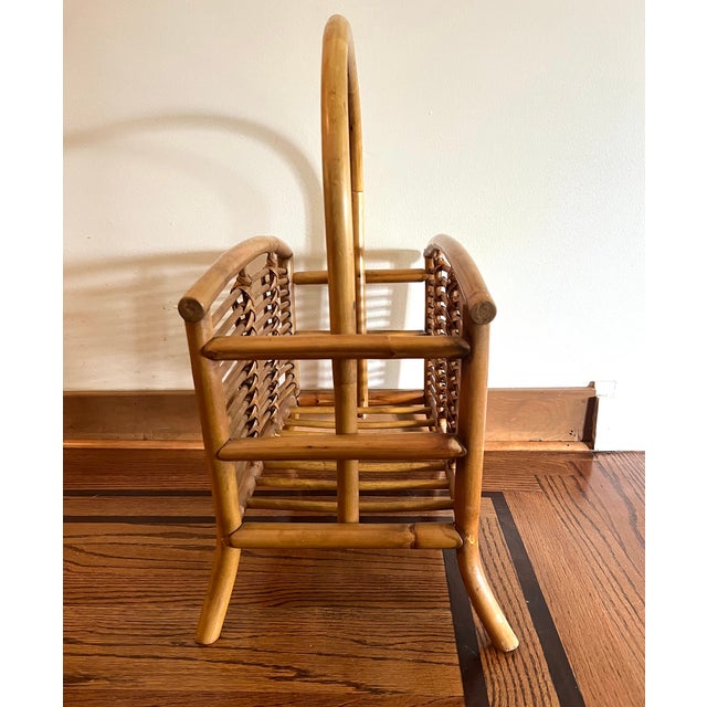 Vintage Rattan & Bamboo Magazine Rack With Curved Handle For Sale In New York - Image 6 of 15