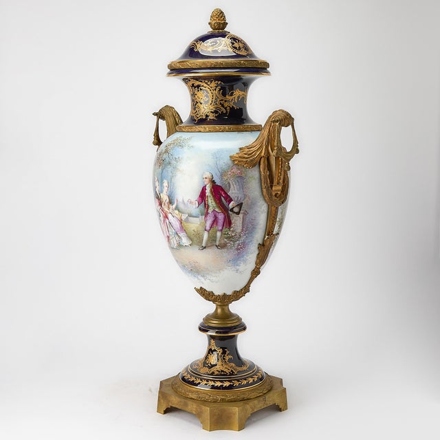 French Large 19th Century French Napoleon III Sèvres Style Porcelain Ormolu Mounted Urn For Sale - Image 3 of 12