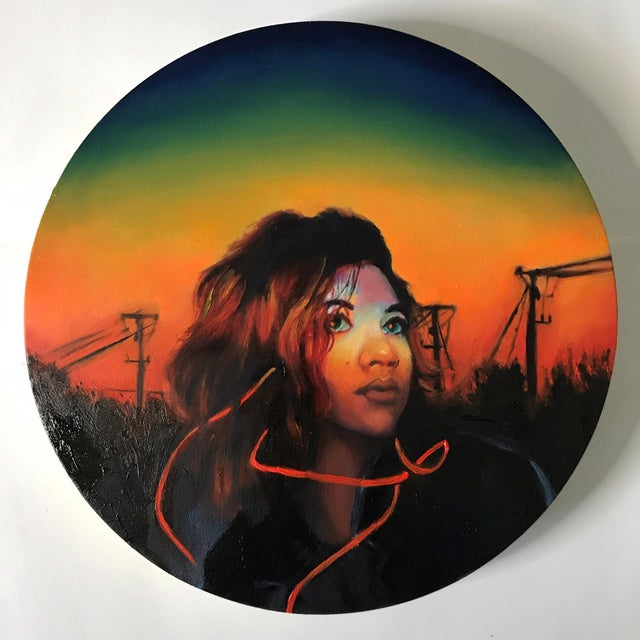 I Wish I Never Left The Garden by Ariane` Kamps | Oils on wood tondo featuring a woman's portrait at sunset For Sale