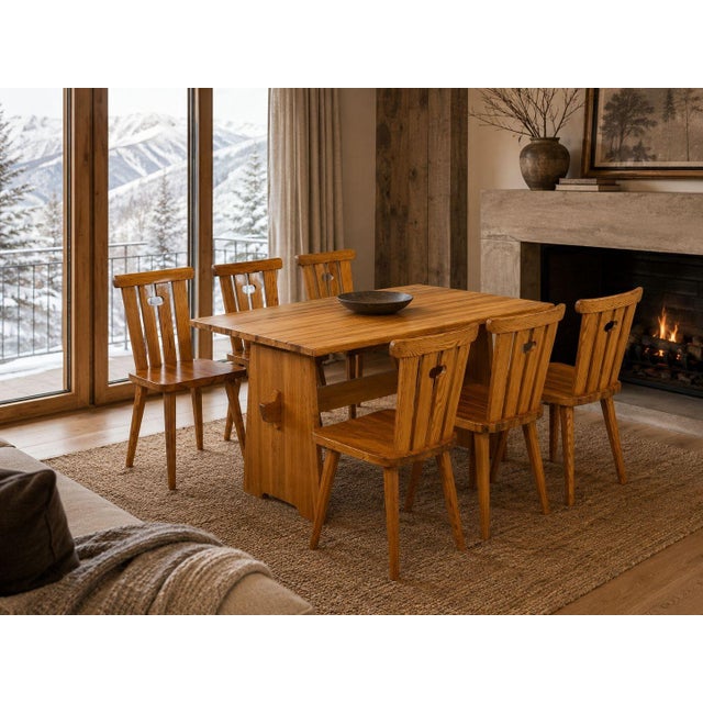 Göran Malmvall, Swedish Mid-Century Modern, Dining Set, Pine, Sweden, 1970s Set of six solid pine dining chairs and a...