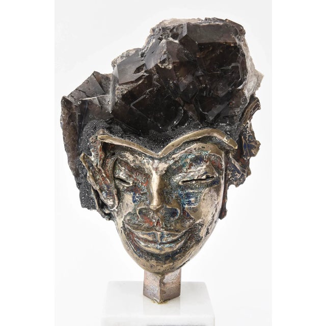 Vintage Aurelio Teno Silvered Bronze, Enamel and Quartz Amethyst and Marble Sculpture Signed For Sale - Image 4 of 11
