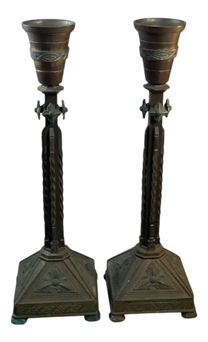 Early 20th Century Bronze Gothic Candlesticks - a Pair