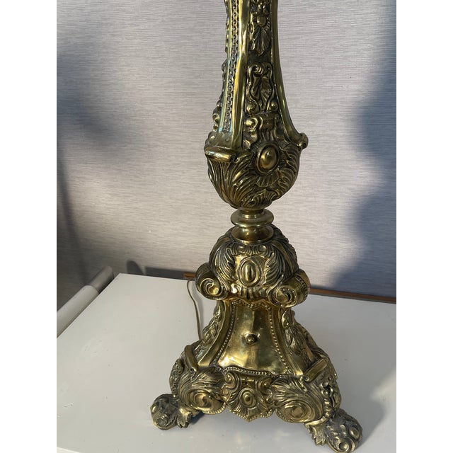 1900 - 1909 Antique Palatial Baroque Style Brass Lamps With Brass Shades - a Pair For Sale - Image 5 of 12
