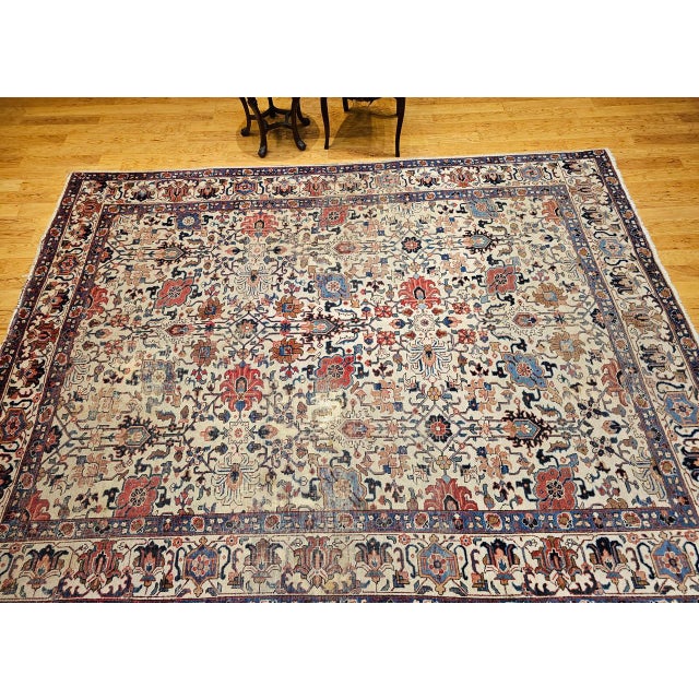 Cream Vintage Tabriz Rug, Hand-Knotted Wool, Allover Geometric Pattern, Ivory & Blue, 8x10 For Sale - Image 8 of 18