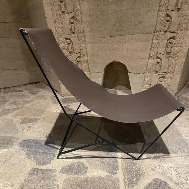 2000s Modern Studio Lounge Chair Brown Leather Sling Iron For Sale - Image 9 of 12