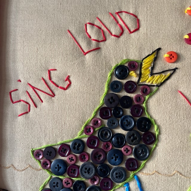 Large Signed Mary Teeter Folk Art Textile – “Sing Loud When You Don’t Know the Words” (2005) Bird Button and Embroidery Collage For Sale - Image 10 of 12