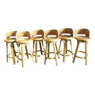 Mid-Century Rattan Bar Stools - Set of 6 For Sale