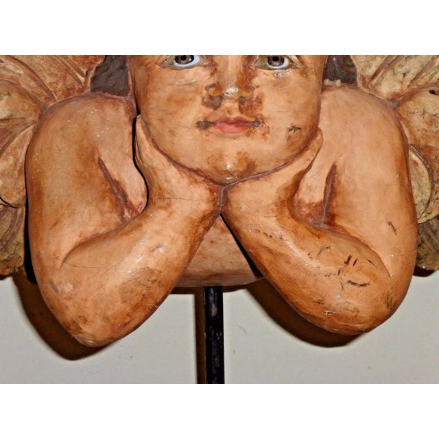 Vintage Hand Carved Cherub /Angel With Wings Figurine on Stand For Sale - Image 10 of 11