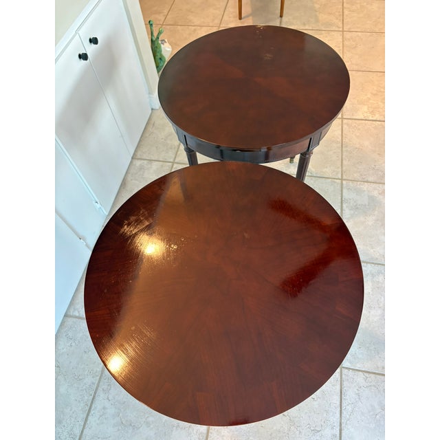 Vintage Round Traditional Side Tables With Brass Sabots in the Manner of Baker These set vintage side tables were sourced...